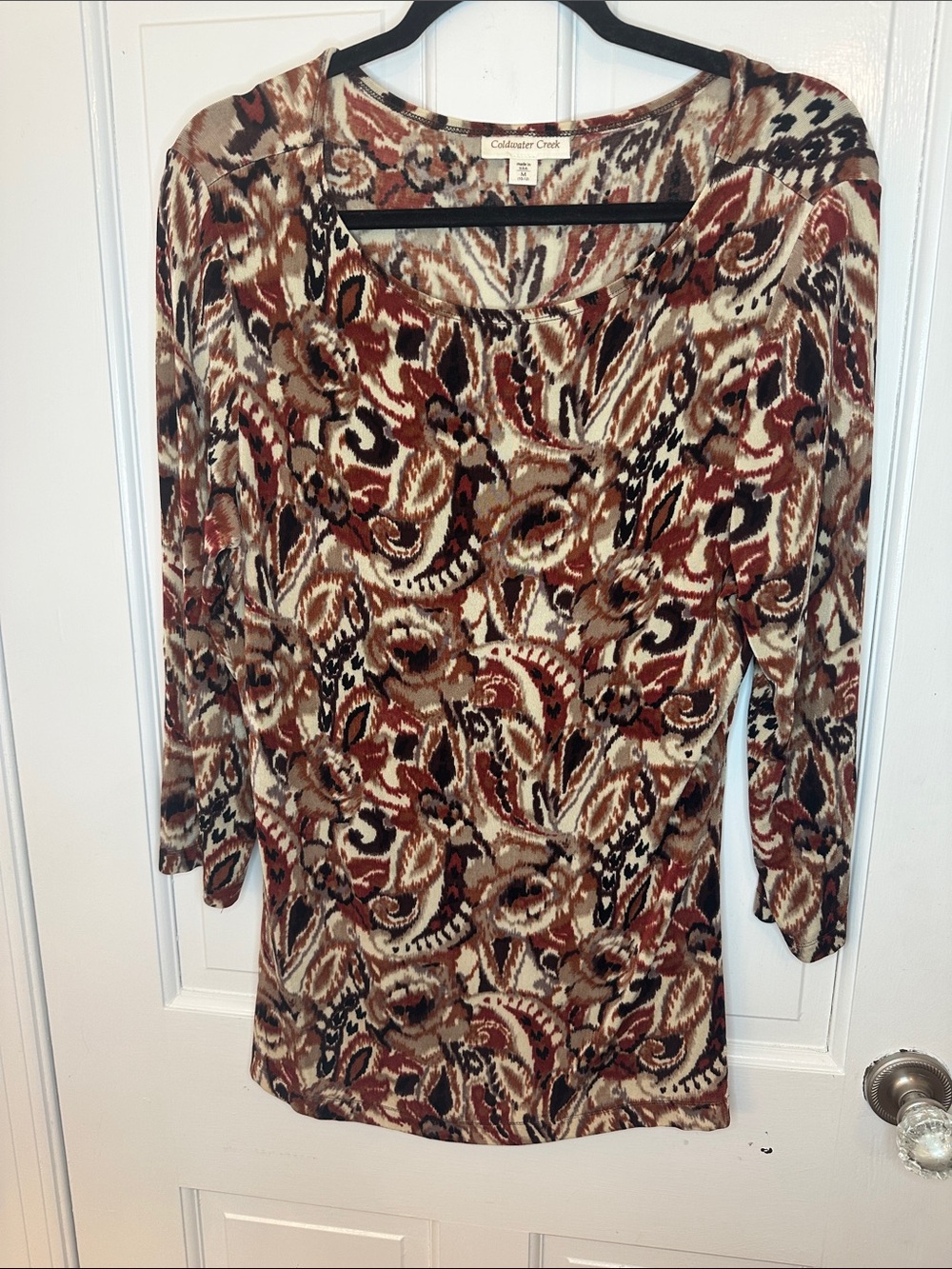 Coldwater Creek Brown Multi Paisley-Print Scoop Neck Top size M EUC